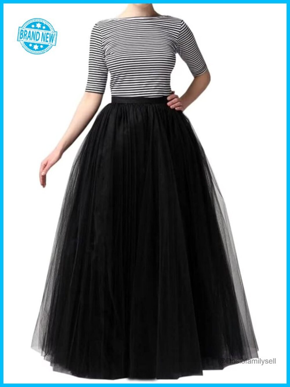 Floor Length A-line Tulle Skirt with Satin Lining, Elastic Waist, Maxi Length